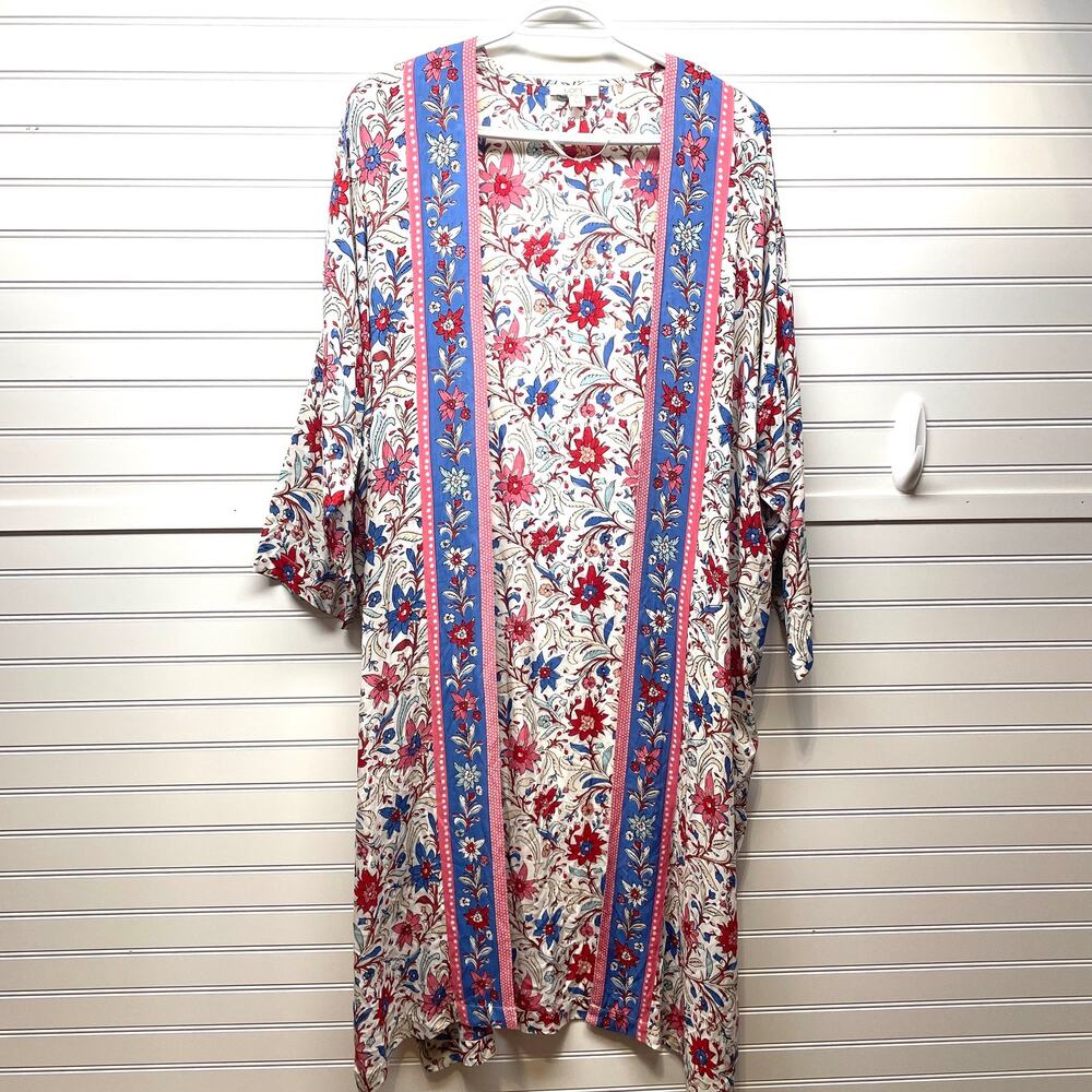 Loft Cream, Red, & Blue Oversized Kimono/Wrap/Duster W/Side Slits Size M/L
